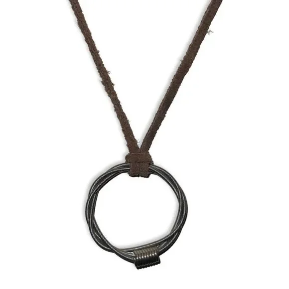 Vintage Modernist Round Braided Pendent Brown Leather Rope 925 Silver Necklace